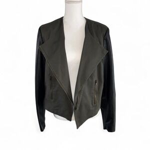 Olive Green w/Black‎ Faux Leather Sleeves Y2K Biker Style Jacket Ladies 18/20